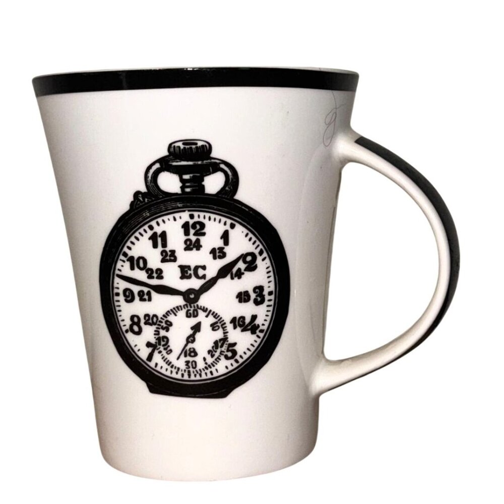 White & Black Ceramic Mug With Vintage Pocket Watch Design 13 Oz Made In China